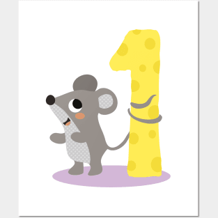 Cute Mouse with the number one 1 Birthday Design Posters and Art